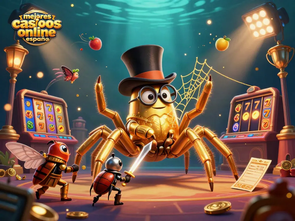 Ilustración de mejor casino online España, donde un arácnido dorado teje entre pilares con elementos de tragamonedas.