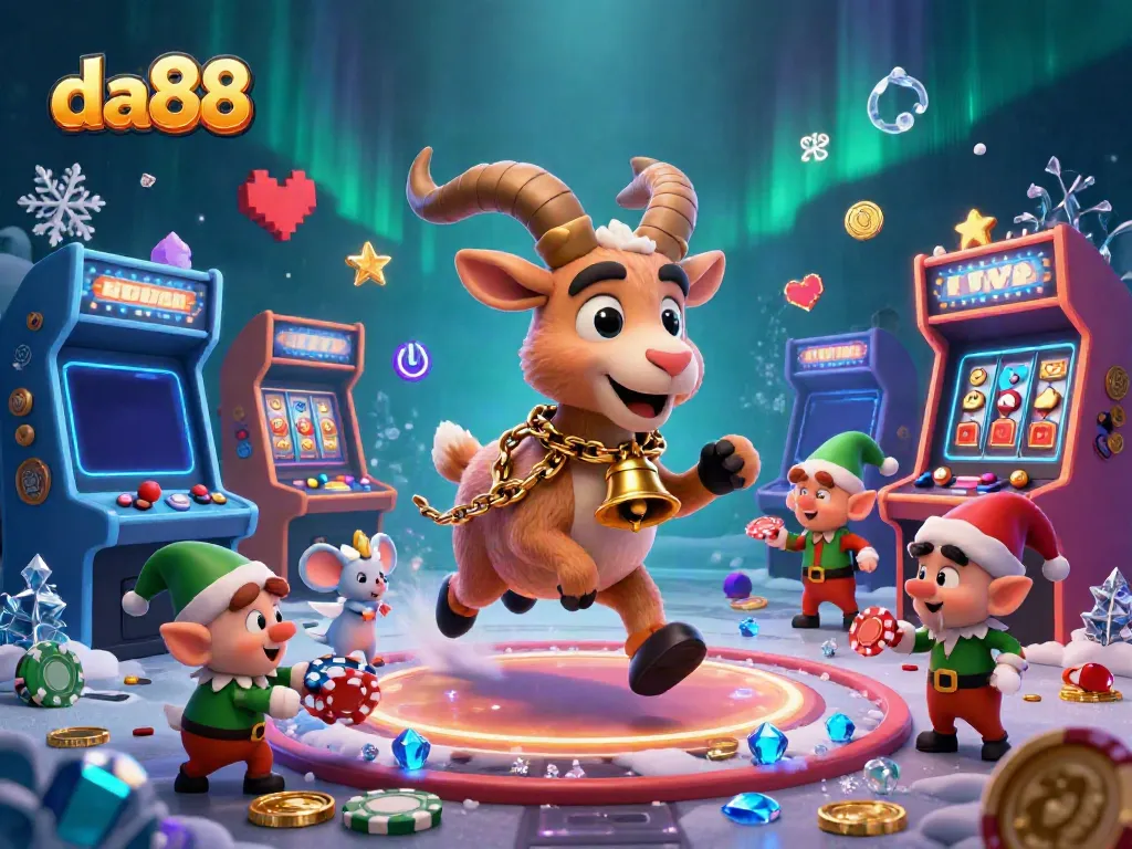 Experience festive gaming with da88's thrilling casino scene, featuring dynamic characters and engaging slot machines.