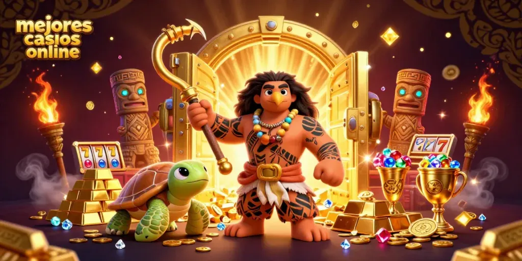 Una colorida y animada escena de los mejores casinos online, con un halcón y una tortuga en un ambiente de juego.