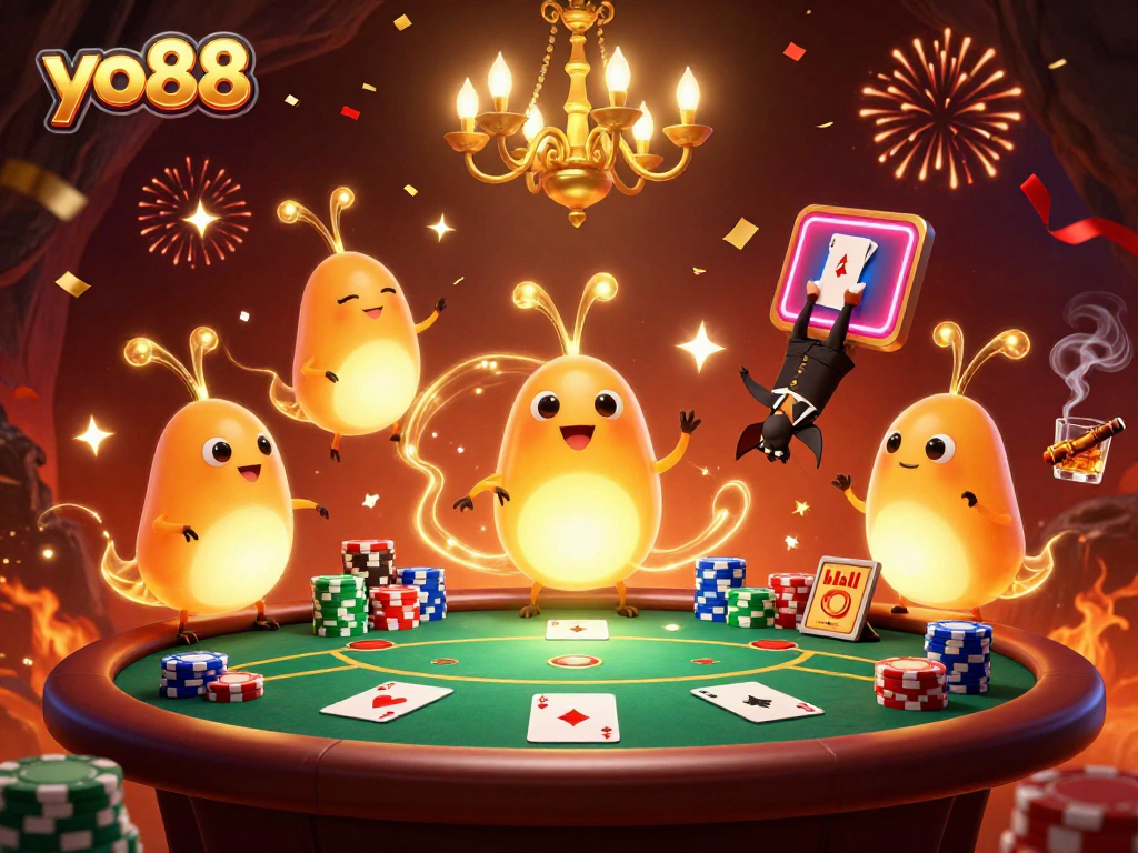 Join the excitement at yo88 with a vibrant casino scene of glowworms and a bat dealer.