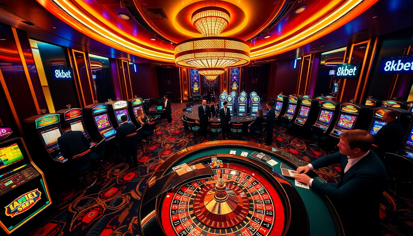 A thrilling scene at an 8kbet casino table, showcasing luxurious poker gameplay and vibrant slot machines.
