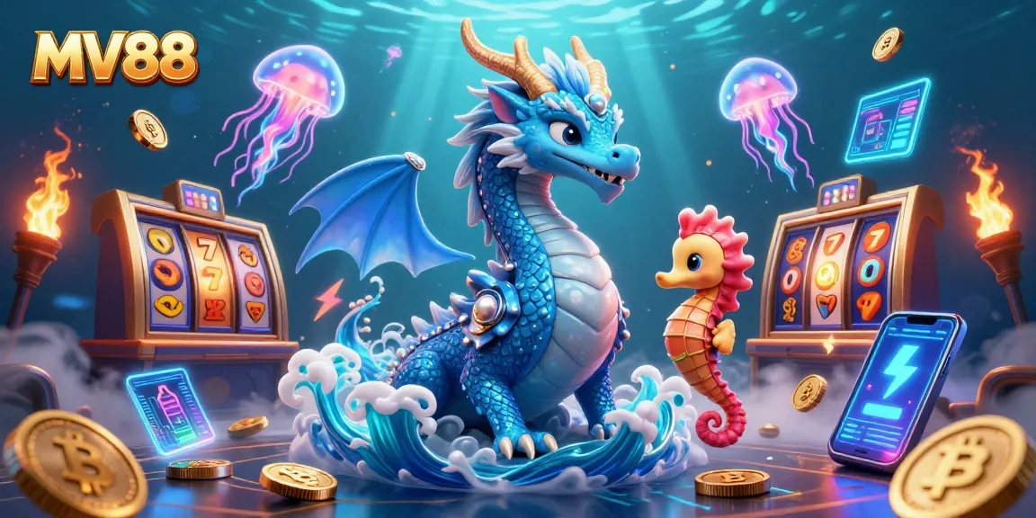 Engage with MV88 casino magic through a vibrant underwater scene featuring an azure dragon, slot reels, and crypto coins.