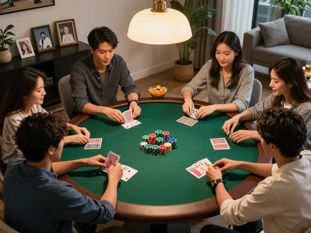 Friends playing poker in a cozy home setting, showcasing strategic gameplay with MB66-t.