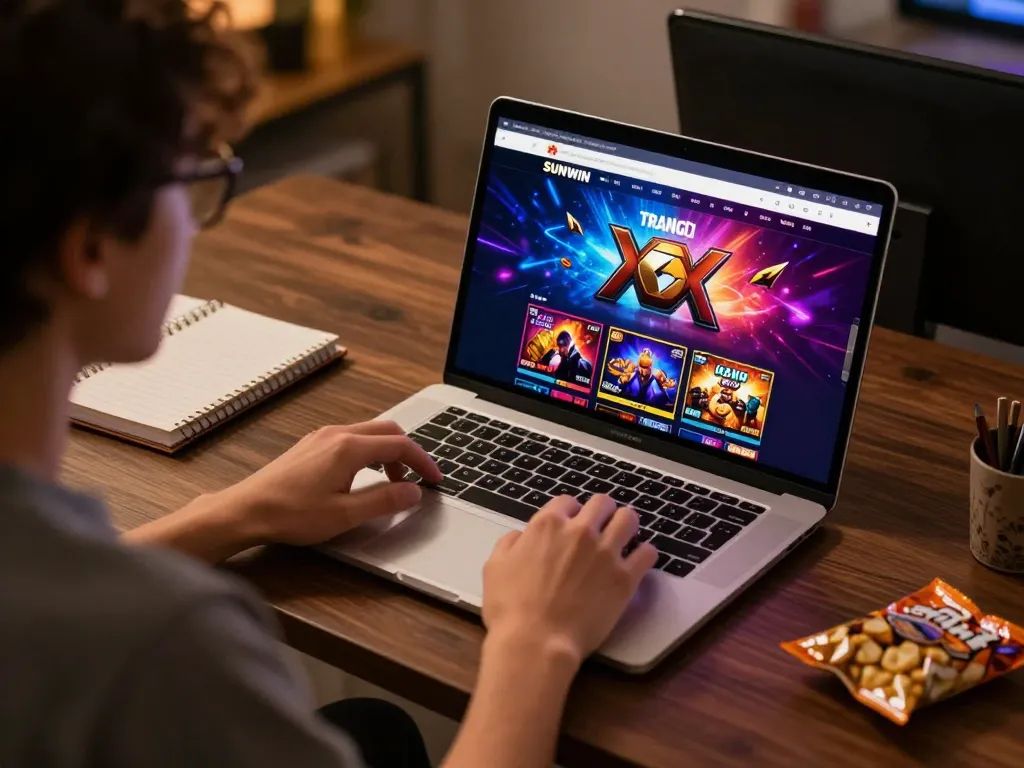 SUNWIN TRANG CHỦ user engaging in online casino gaming on laptop in a cozy home office.