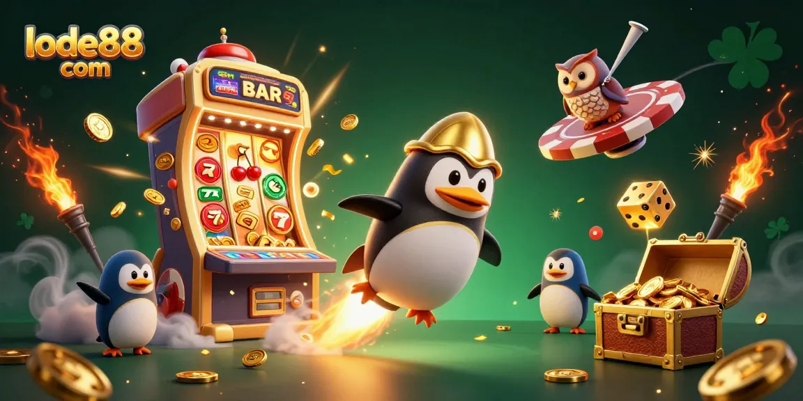 Experience excitement at lode88 com with a playful golden penguin and vibrant casino elements.