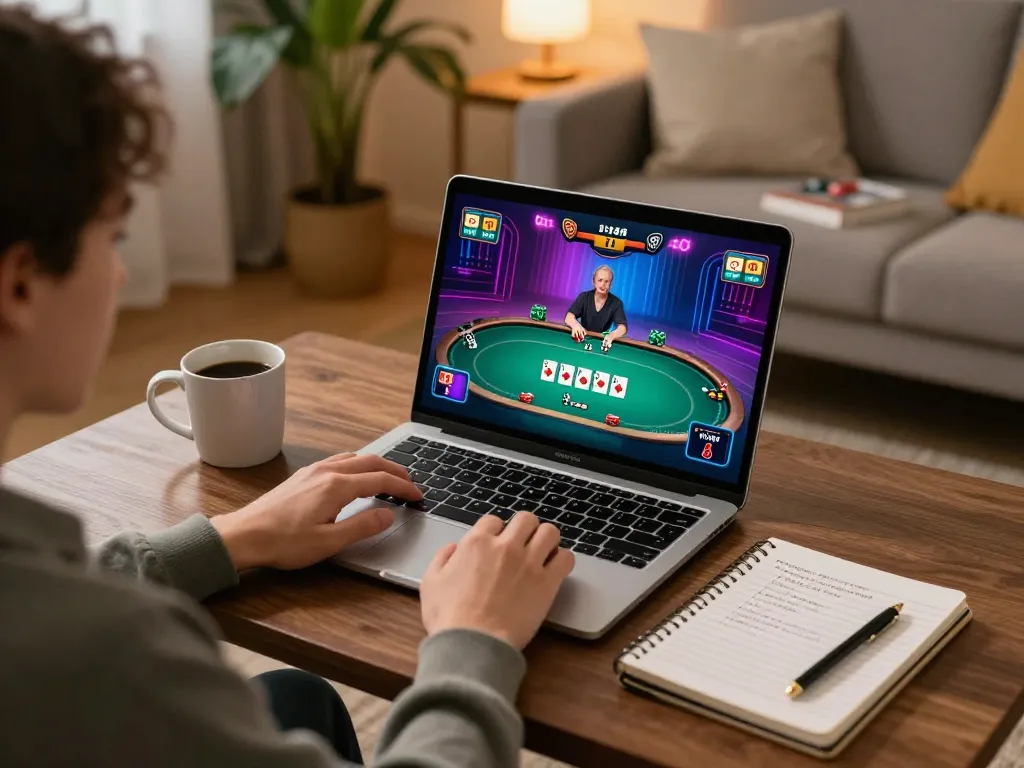 Engaged player exploring LOTO188 TRANG CHỦ with poker strategies in a cozy home setting