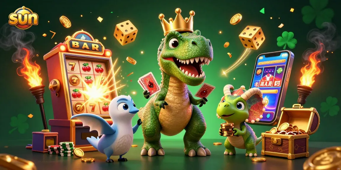 Sun-themed casino illustration featuring a T-Rex shuffling cards and massive slot machine elements.