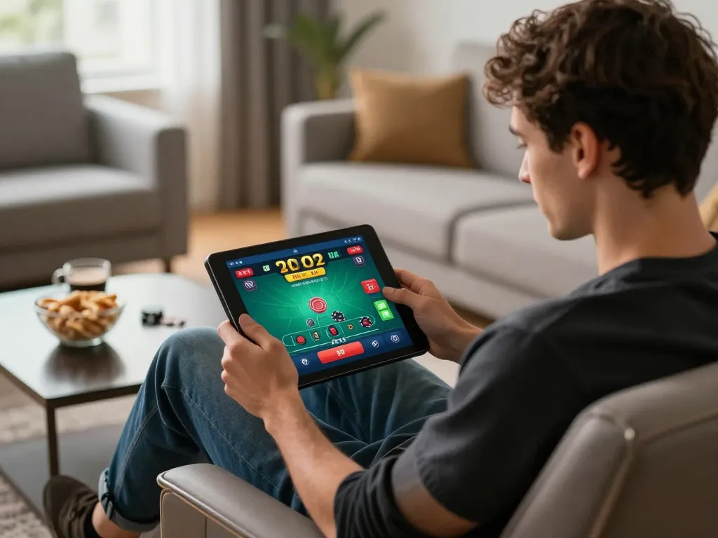 Engaged player enjoying blackjack at home while using fly88 com mobile app.