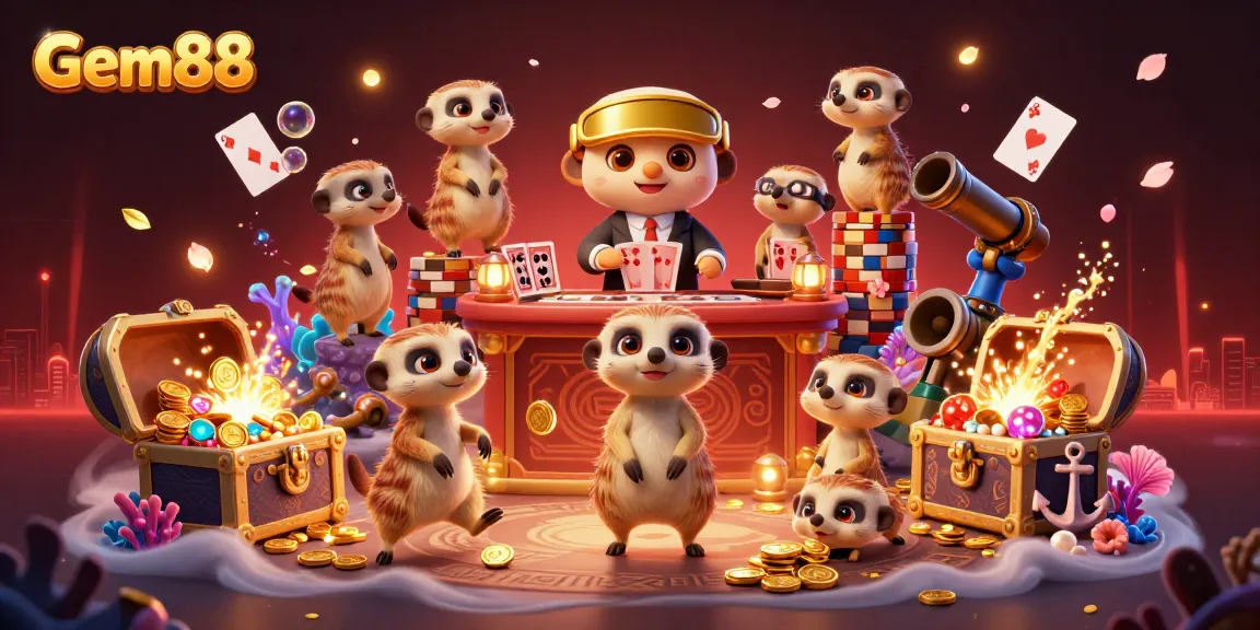 Experience Gem88's thrilling casino operations with meerkats managing games amidst underwater treasures.