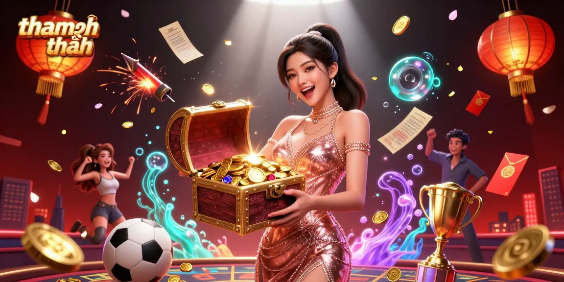 Experience the thrill of gambling with tham khảo thêm, featuring dynamic sports elements and a joyful Asian woman presenting treasures.