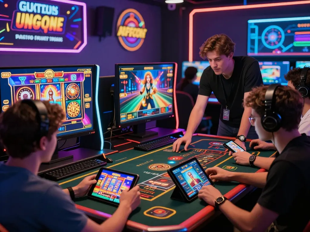 Engaged players using SC88.COM on various devices in a vibrant gaming environment, illustrating community and excitement.