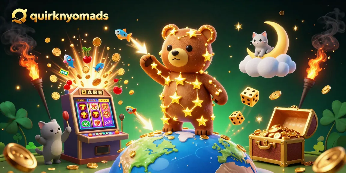 quirkynomads showcases a vibrant casino scene with a constellation bear collecting coins.