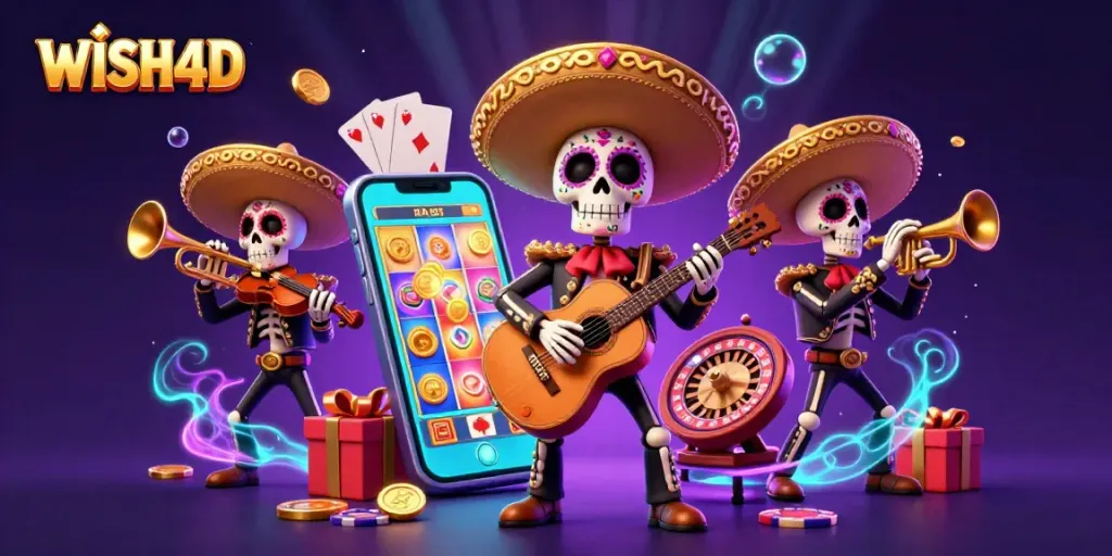 Experience the thrill of WISH4D with vibrant 3D mariachi characters amidst colorful casino elements.