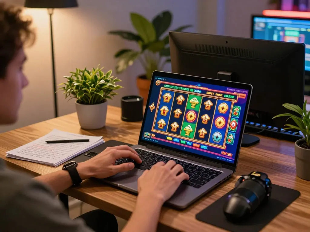 Engaging with situs slot gacor during online gaming in a cozy workspace with vibrant slot visuals.
