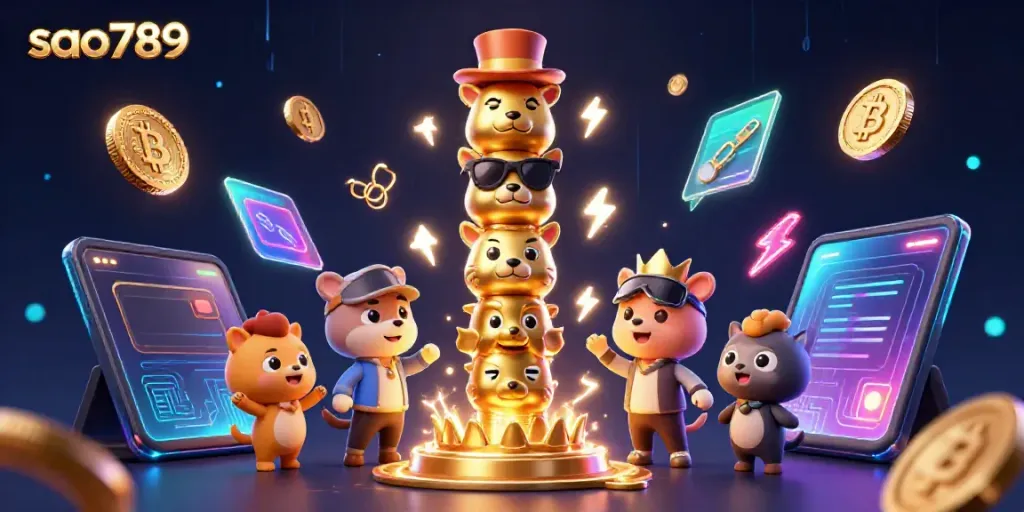 Engage with the vibrant 3D casino scene from sao789 showcasing a golden totem pole and glowing cryptocurrency elements.