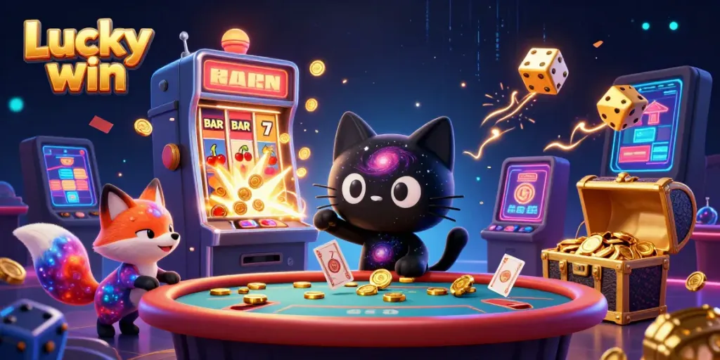 Experience the thrill of Lucky win with vibrant casino elements and enchanting characters in an immersive 3D illustration.