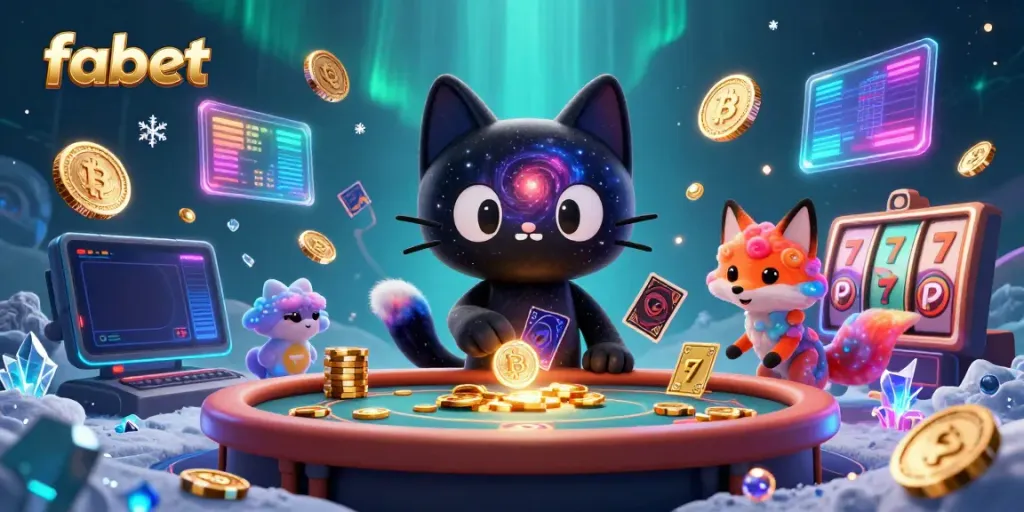 Engage with fabet’s cosmic casino adventure featuring a cartoon black hole cat pulling in golden chips and cards.