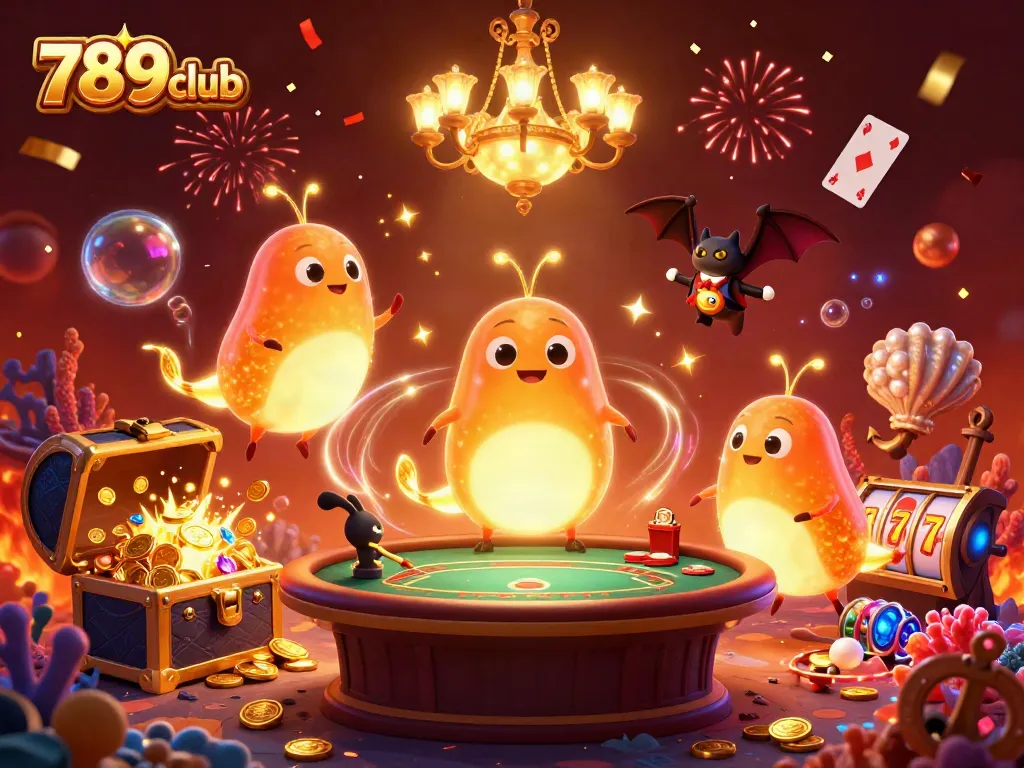 Engage with the vibrant world of 789club as glowworms illuminate games, celebrating with gold coins and playing cards.