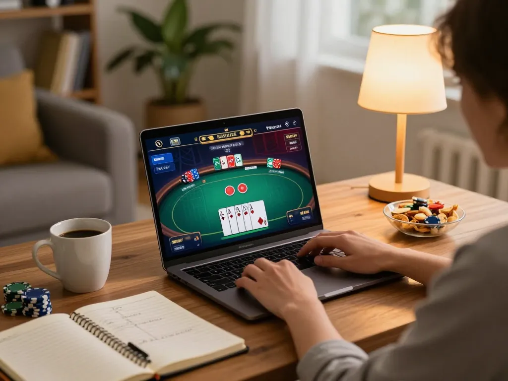 Player engaging with VA88 poker game on a laptop, showcasing strategic gameplay at home.