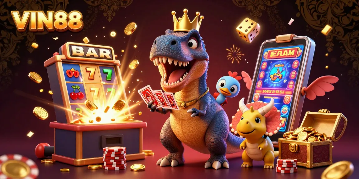 Experience thrilling gameplay at VIN88 with 3D cartoon characters in a vibrant casino scene.