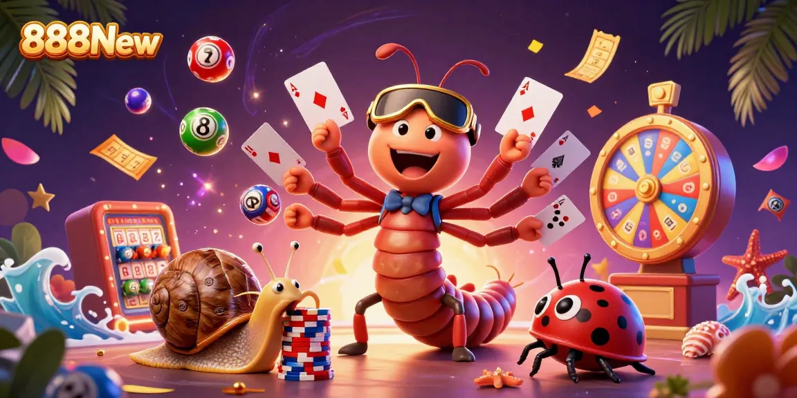 Win big with 888New's casino excitement featuring a whimsical dealer and dynamic lottery elements.