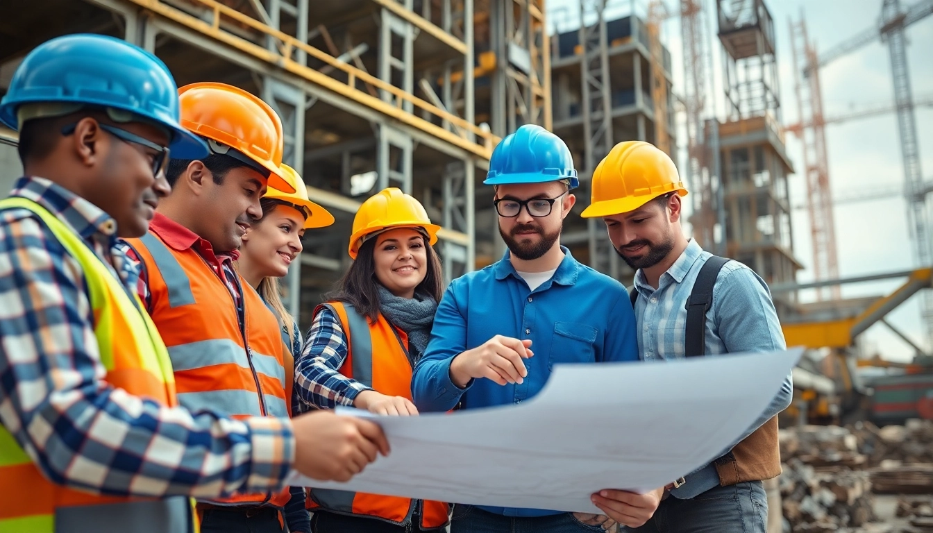 Construction career professionals collaborating on building projects at a vibrant construction site.