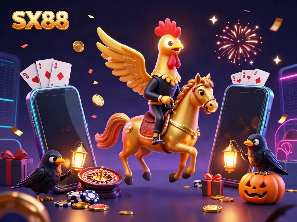 Experience the excitement of SX88 with a golden rooster headless horseman in a vibrant casino scene.