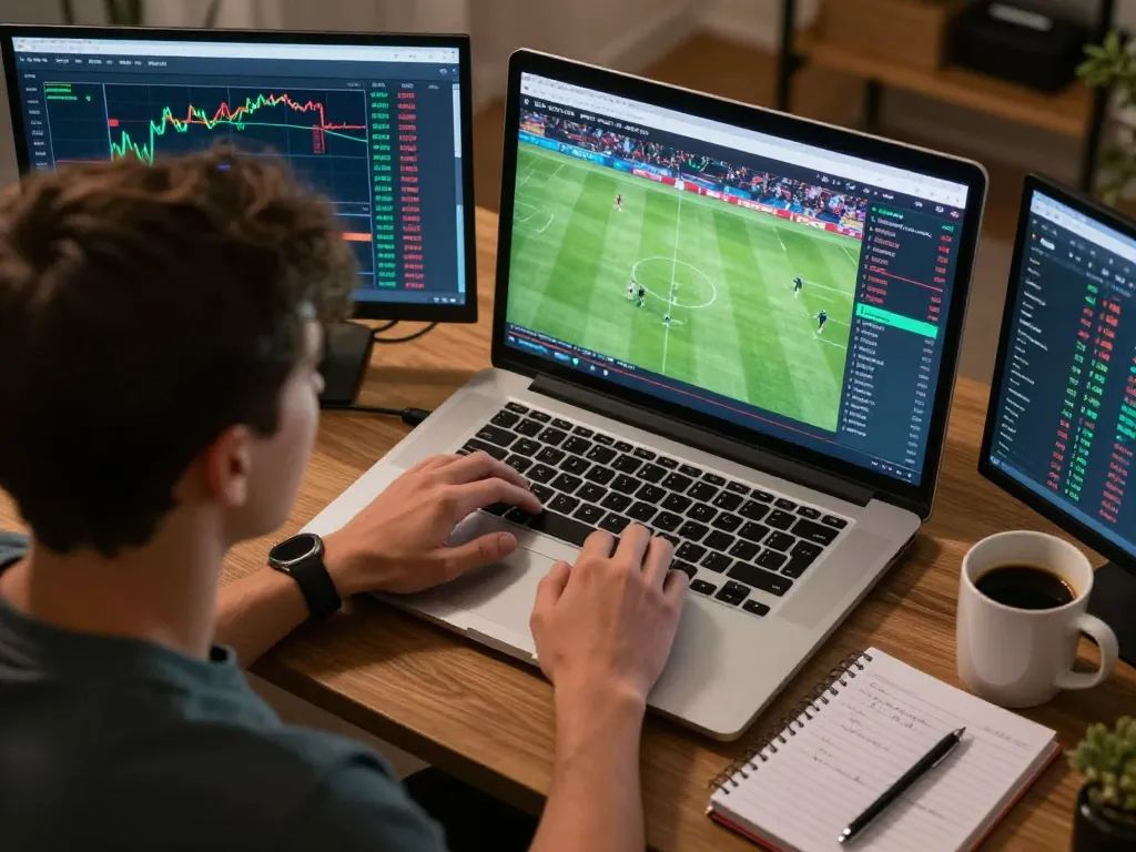Engaging in live sports betting on 88aa platform with laptop and notes in cozy setting