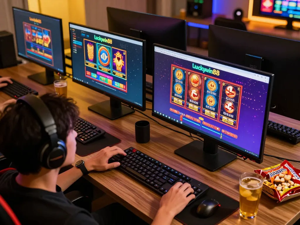 Engaging with the luckywin88 casino platform on a dual monitor setup, showcasing dynamic online gaming.