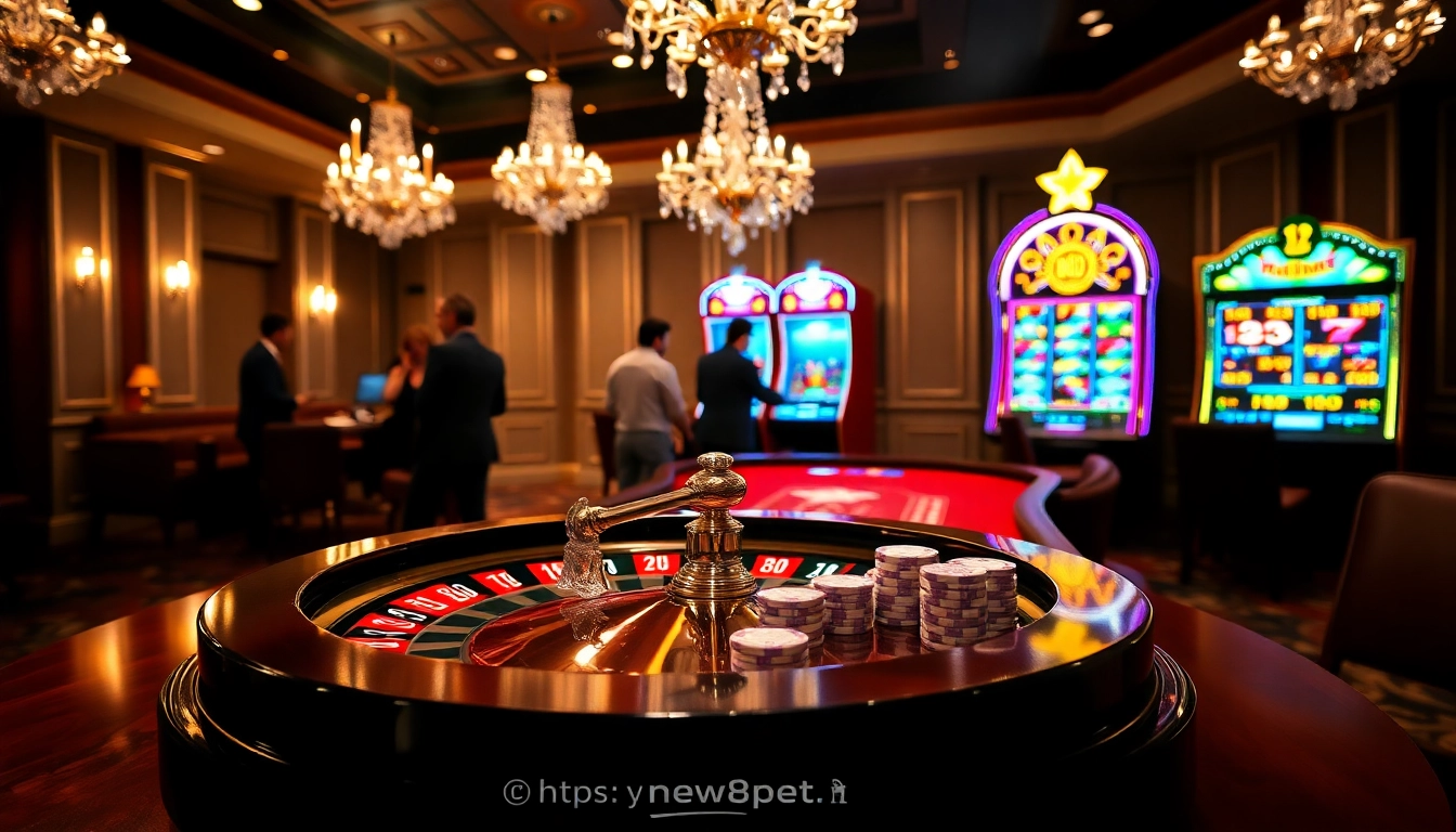 Players strategizing their bets at NEW88, a premier online casino, amidst a vibrant casino atmosphere.