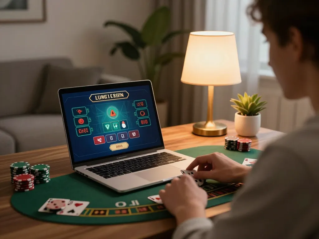 79king player enjoying live blackjack on laptop in a cozy gaming setup.