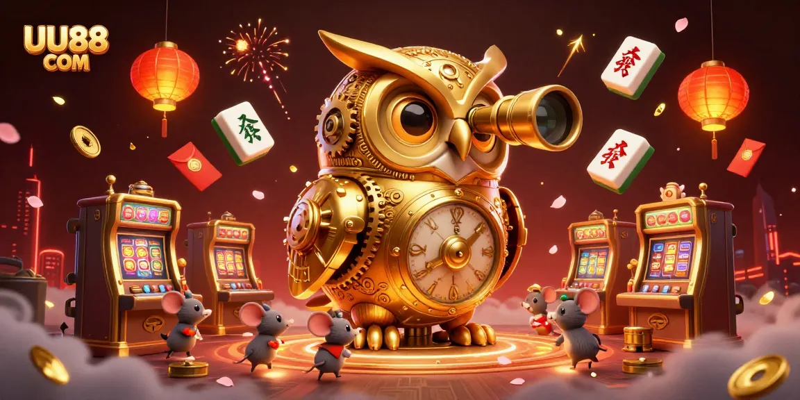 Experience excitement with UU88 COM at the casino, featuring a clockwork owl and animated elements.
