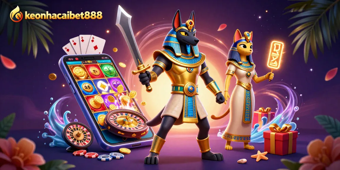 Engage with keonhacaibet888 featuring Anubis and Bastet amidst dynamic casino elements.