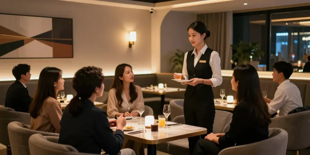 강남 타이밍의 고급스러운 쩜오 룸에서 호스트와 손님이 편안한 대화를 나누는 모습