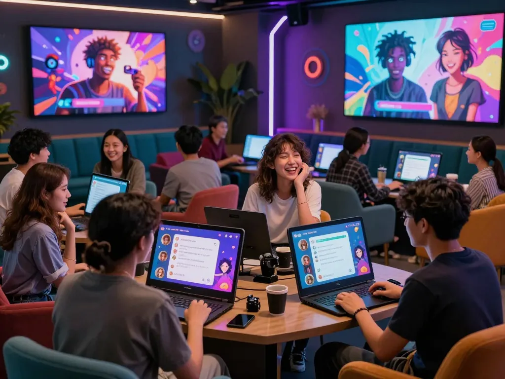 Engaging scene showcasing users interacting with CrushOn AI chatbots in a vibrant digital lounge.