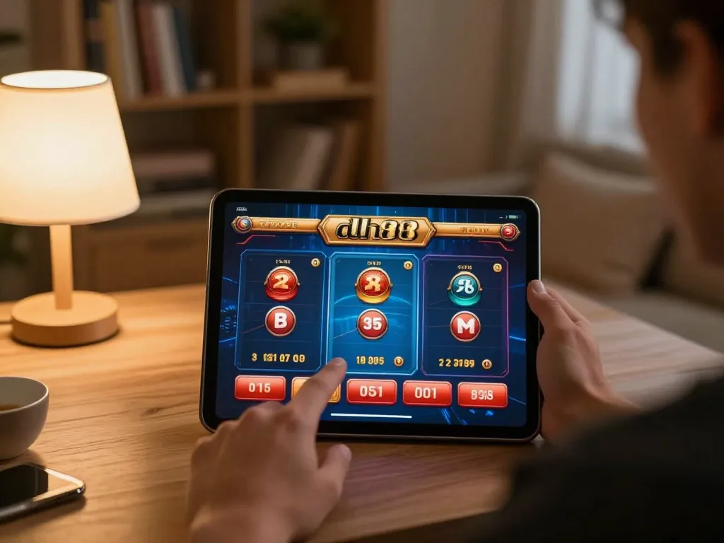 Engaging gaming scene at dh88 casino with user focused on tablet gameplay in a cozy home.