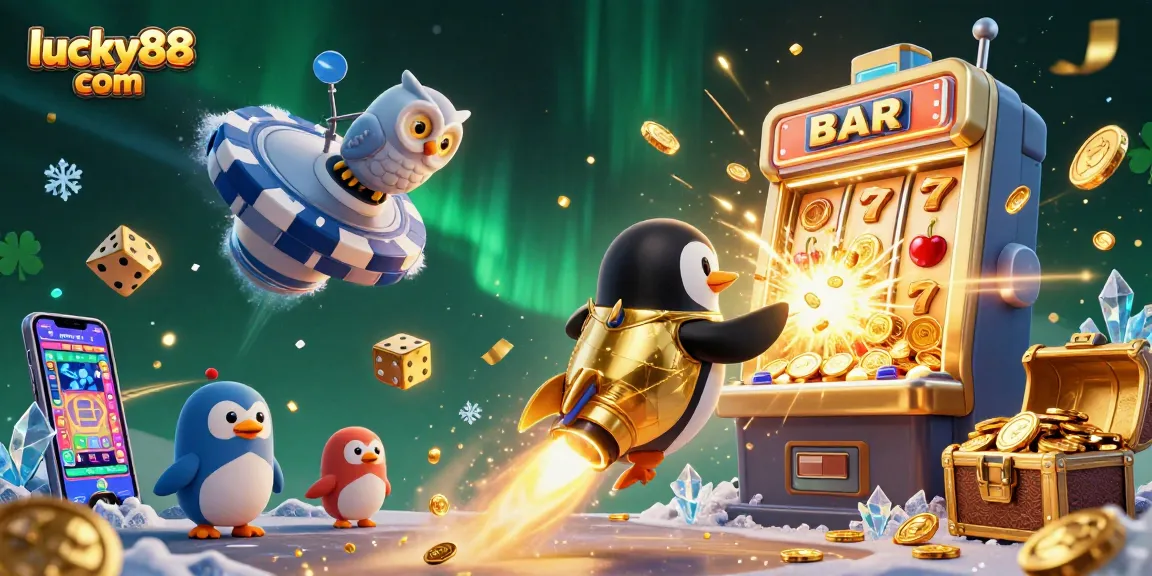 Experience thrilling jackpots with lucky88 com in this vibrant casino-themed 3D illustration.