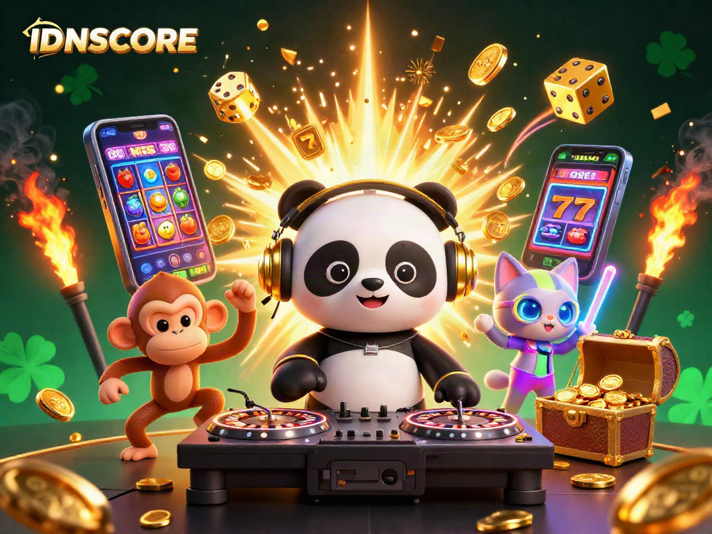 Engage with IDNSCORE's vibrant 3D casino scene showcasing a DJ panda and lively characters.
