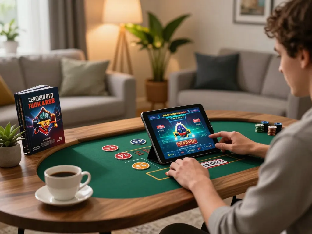 Engaging with go8 casino games on a tablet, showcasing a cozy and inviting online gaming setup
