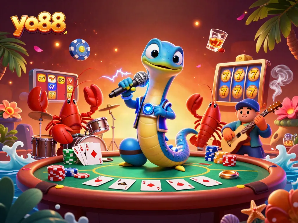 Engaging scene with yo88 electric eel DJ wrapped in lightning, performing in an underwater casino setting with vibrant game elements.