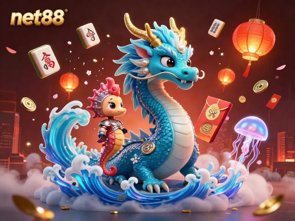 Create thrilling moments with net88's vibrant casino adventures featuring an azure dragon and coral knight.