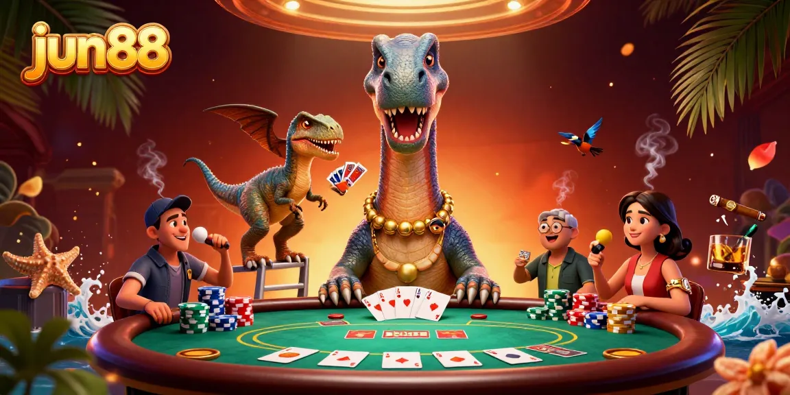Engage with jun88, a vibrant casino scene featuring a brontosaurus and raptor in action at a poker table.