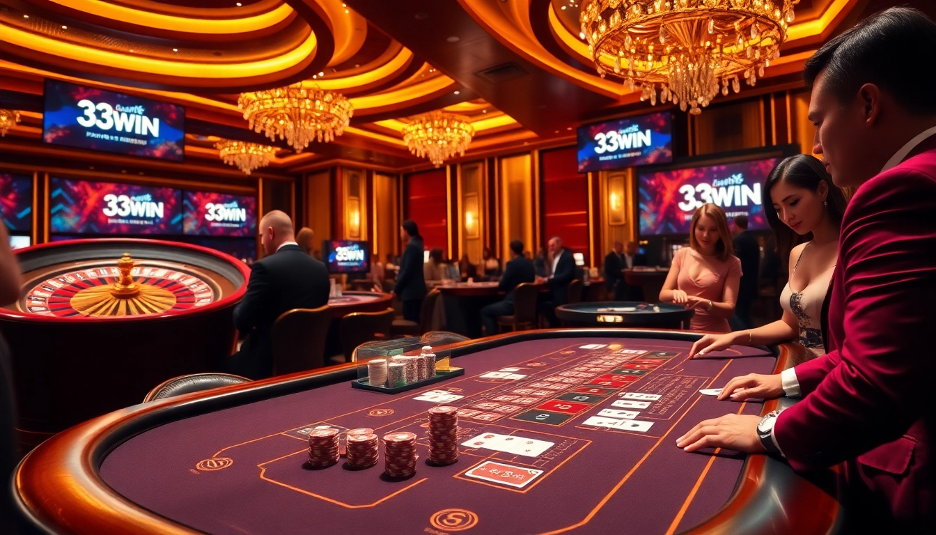 Engage with high-stakes gaming at 33WIN casino featuring poker chips and a roulette wheel.