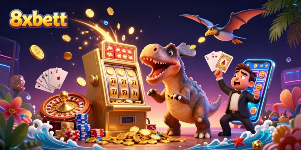 8xbett players enjoy a rich jackpot scene with a pachycephalosaurus and golden coins.