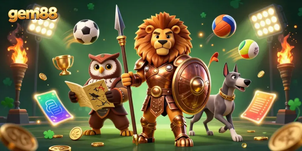 Experience gem88's vibrant gaming atmosphere with a Spartan lion leading the charge in a dynamic casino scene.