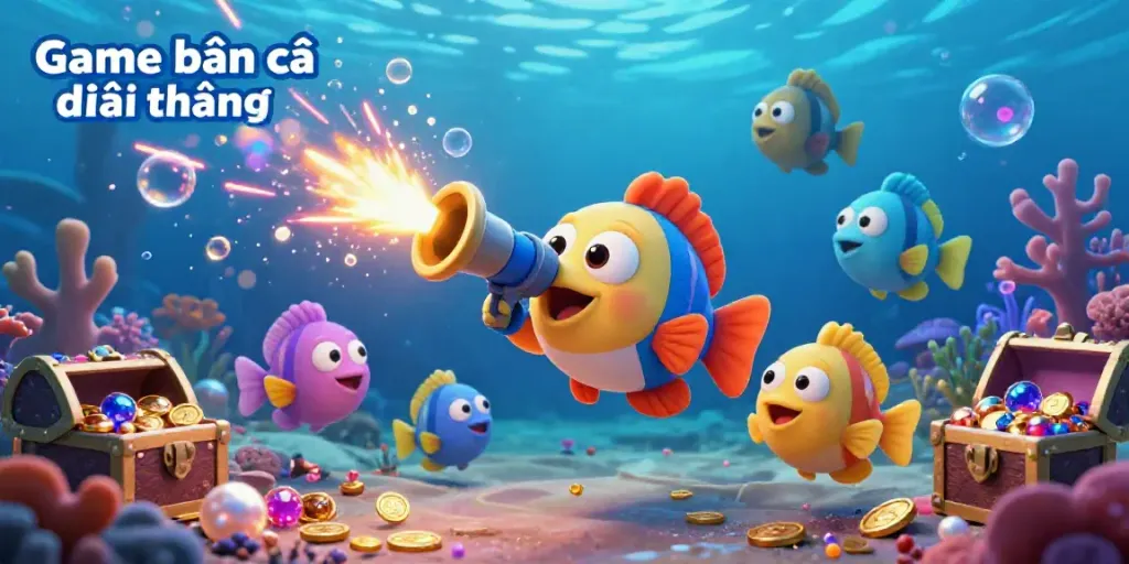 Engage in the thrilling Game bắn cá đổi thưởng with vibrant sea creatures dodging bubbles and explosions in a dynamic underwater adventure.