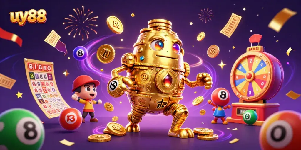 Join the excitement of uy88 with vibrant casino elements and a golden golem character!