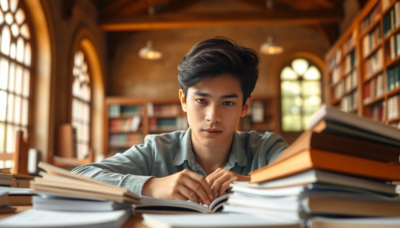 Focusing on exam assistance with a student immersed in study materials in a cozy library.