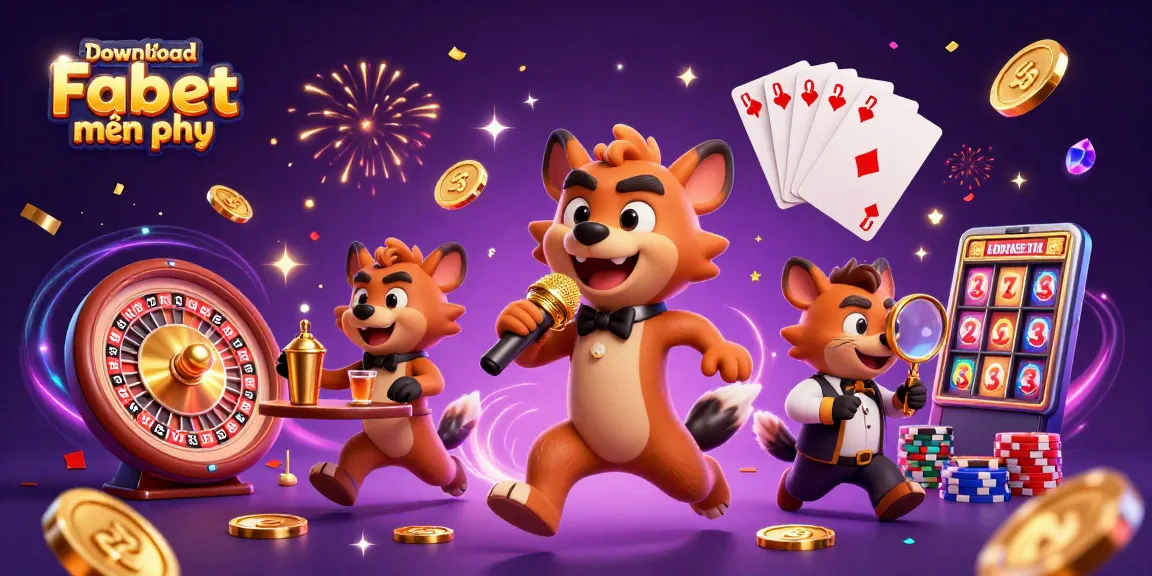Download Fabet miễn phí with a vibrant comedy casino scene featuring hyenas and gaming elements.