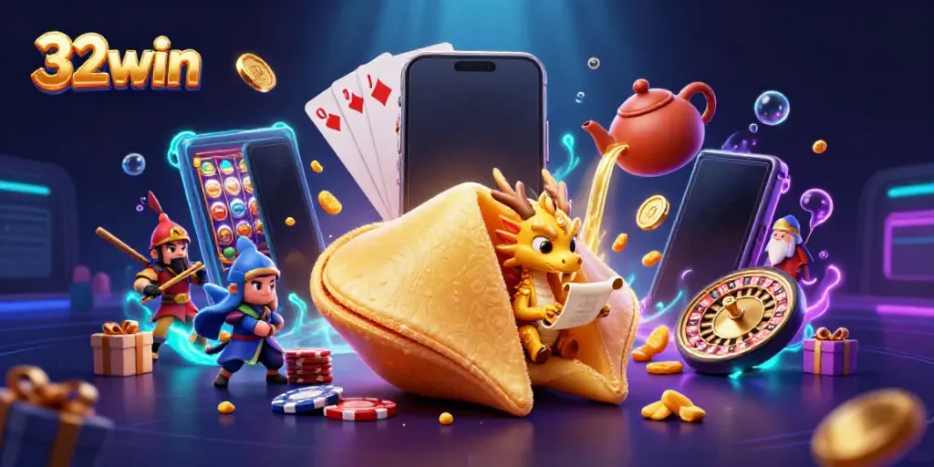 Experience the thrill of gaming with 32win's vibrant casino world featuring colorful slots, golden treasures, and enchanting characters.